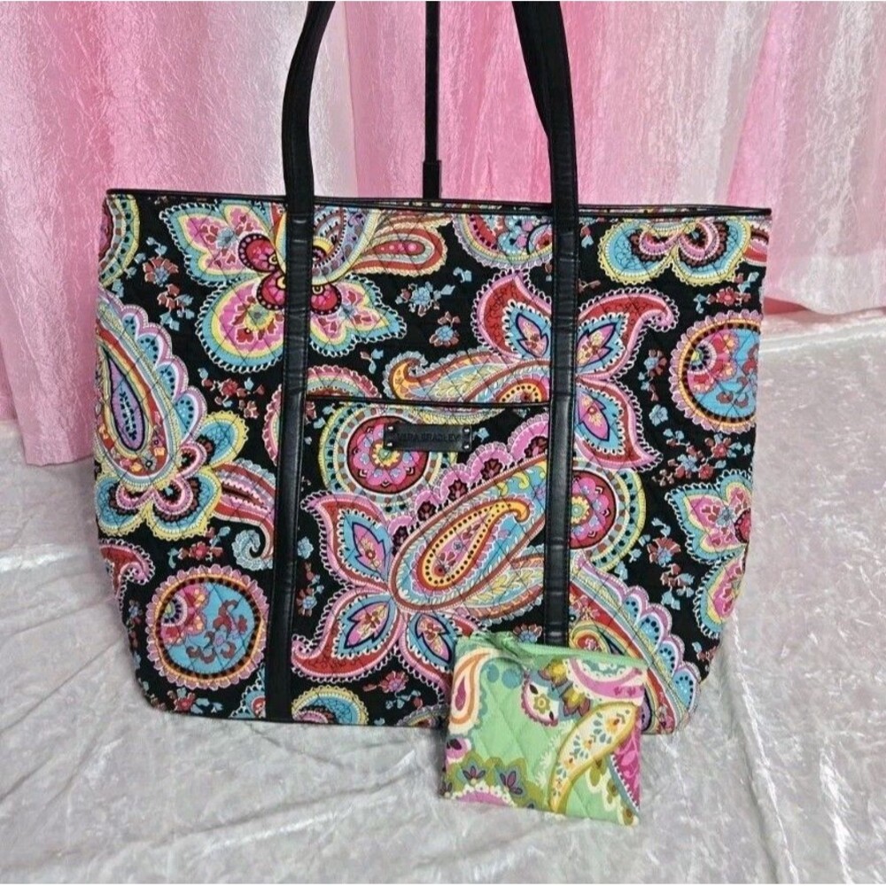 Vera Bradley The Parisian Paisley Pattern Colorful Floral Tote Bag & Coin Purse